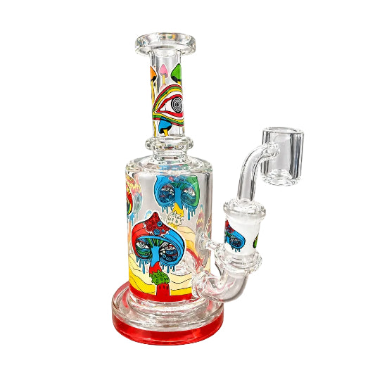 Colorful glass smoking device with abstract designs on a white background