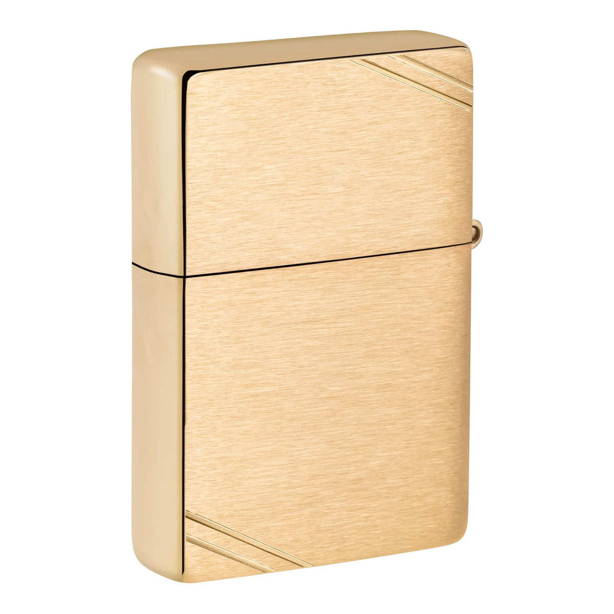 Gold Zippo windproof lighter with a brushed metal finish, polished gold edges, and thin diagonal engraved lines in opposite corners. The back has a plain design with no lettering, shown at an angle against a white background.