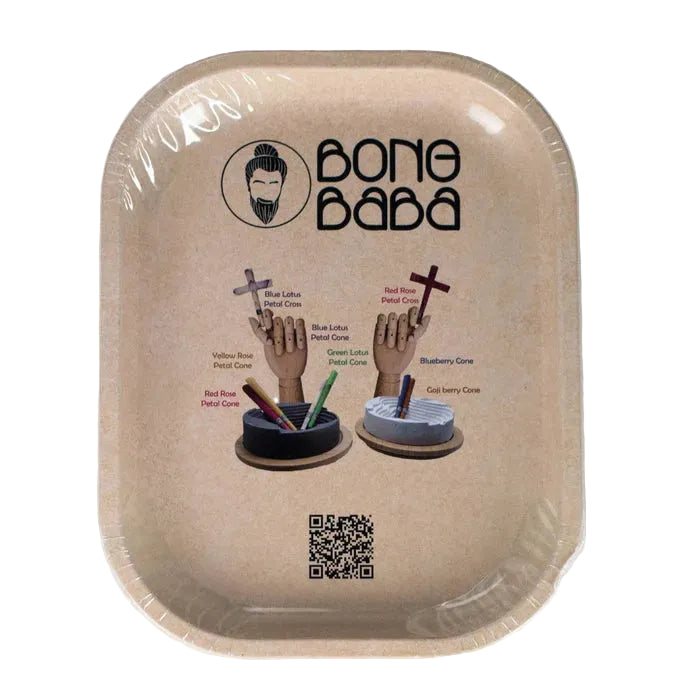 A square cardboard rolling tray wrapped in clear plastic, featuring the 'Bone Baba' brand name and illustrations of different cannabis cone styles on a white background.