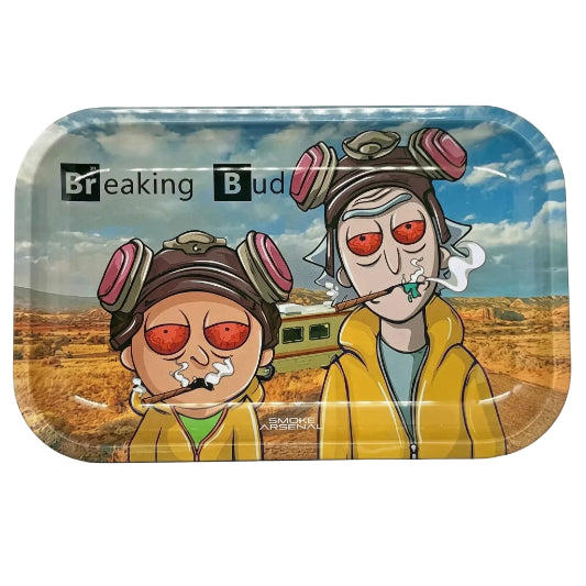 Breaking Bud Medium Rolling Tray displaying rick sanchez and his grandson on a breaking bad style adventure On white background