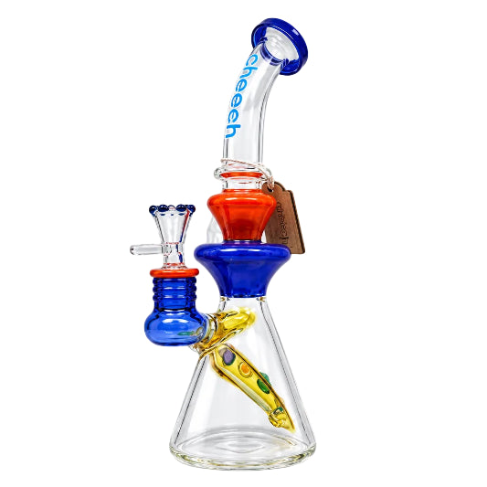 Glass smoking device with colorful features on a white background