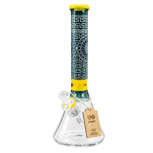 Glass smoking device with a patterned black and yellow handle on a white background