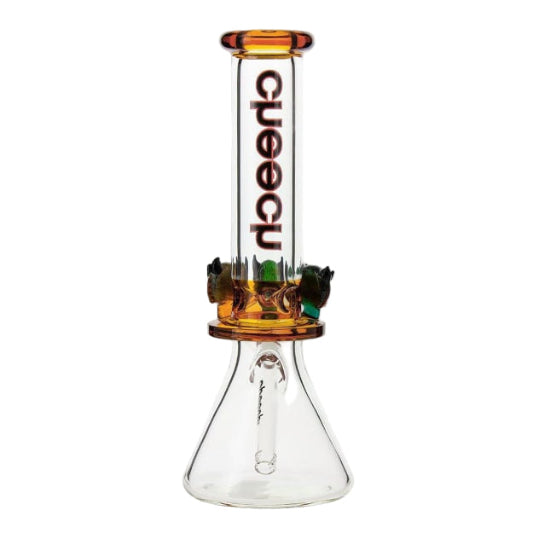 Clear glass smoking device with amber accents and 'Cueech' branding on a white background