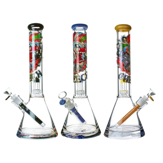 Three glass smoking devices with colorful designs on a white background