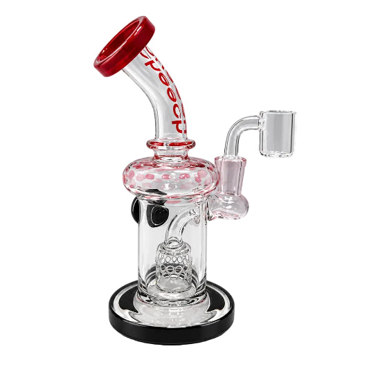 Glass smoking device with red accent on a white background