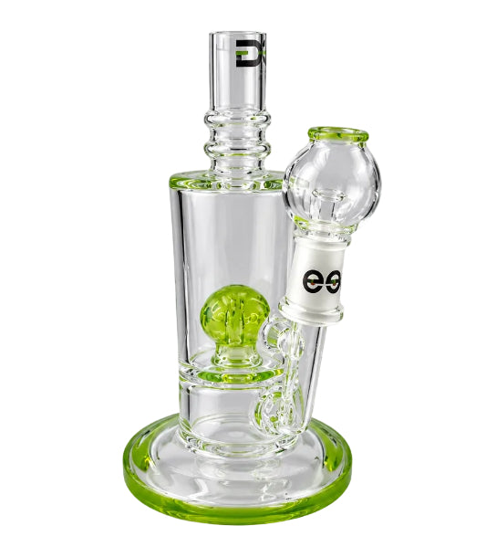 Clear glass water pipe with green base on a white background