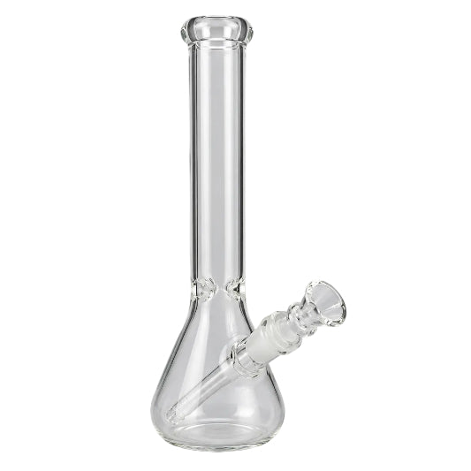 Clear glass beaker bong with a long straight neck, angled downstem joint, and removable bowl piece- The Wee Smoke Shop