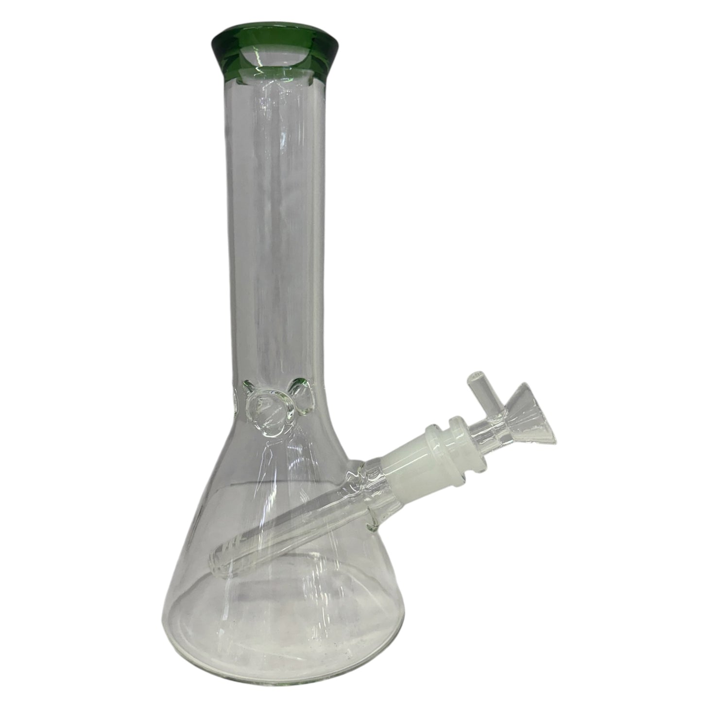 clear glass beaker bong with green rim, water bong with angled downstem and bowl piece, smoking accessory - The Wee Smoke Shop