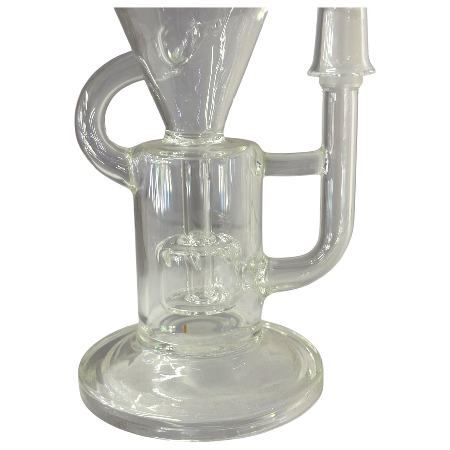 Close-up of clear dab rig base with built-in perc and curved glass tubing. - The Wee Smoke Shop