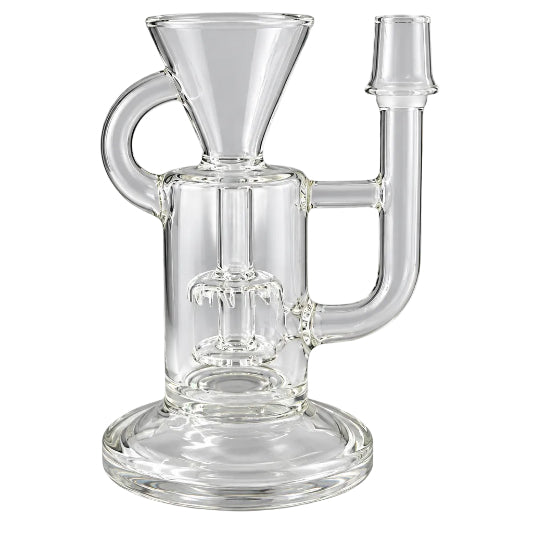 Clear glass smoking device with handle on a white background
