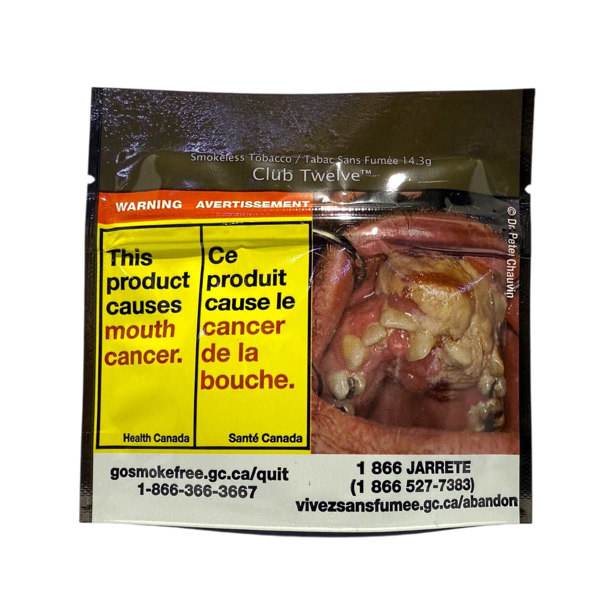 A sealed pouch of Club Twelve tobacco smokeless tobacco with a prominent yellow Health Canada warning label.