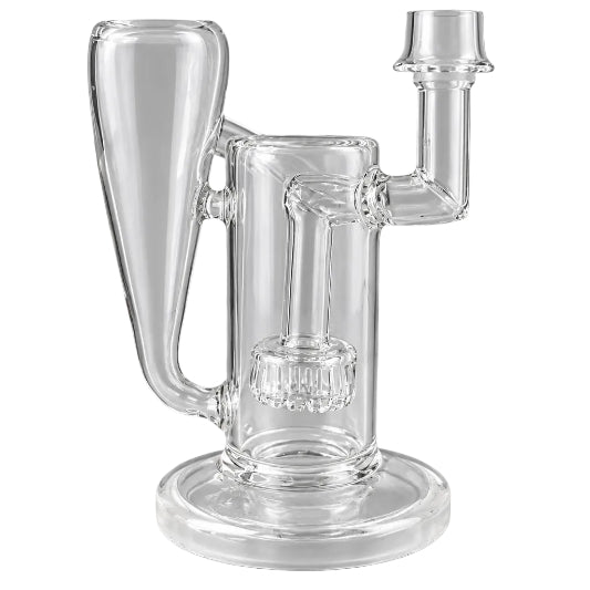 Close-up of clear recycler dab rig with built-in perc, side chamber, and glass tubing.