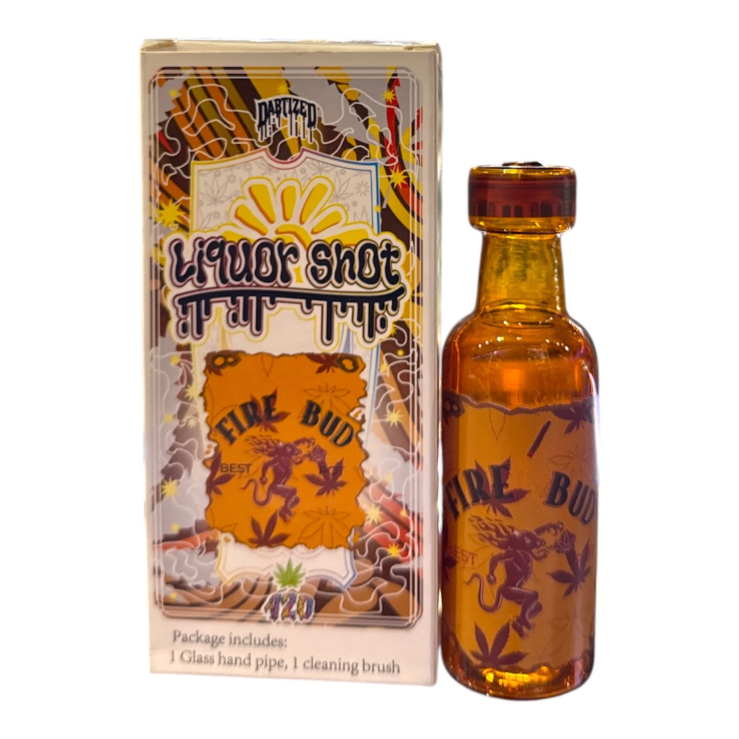 Orange whisky-style bottle hand pipe with matching display box. The Wee Smoke Shop