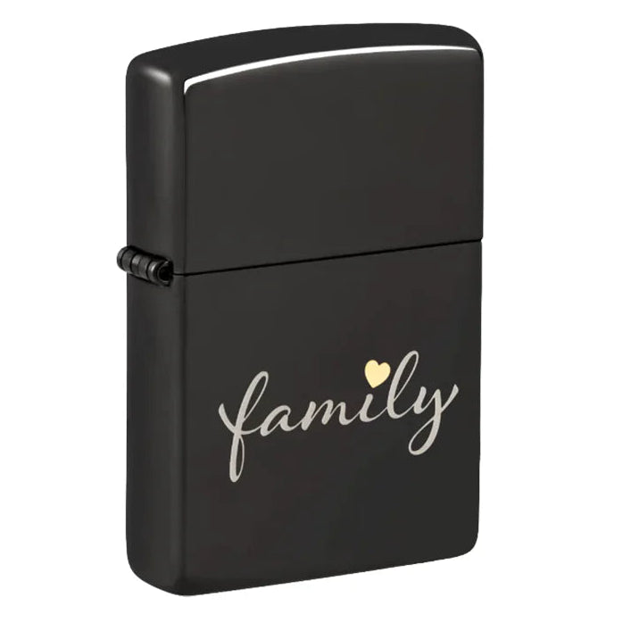 Black lighter with 'family' and a heart symbol on a white background - The Wee Smoke Shop