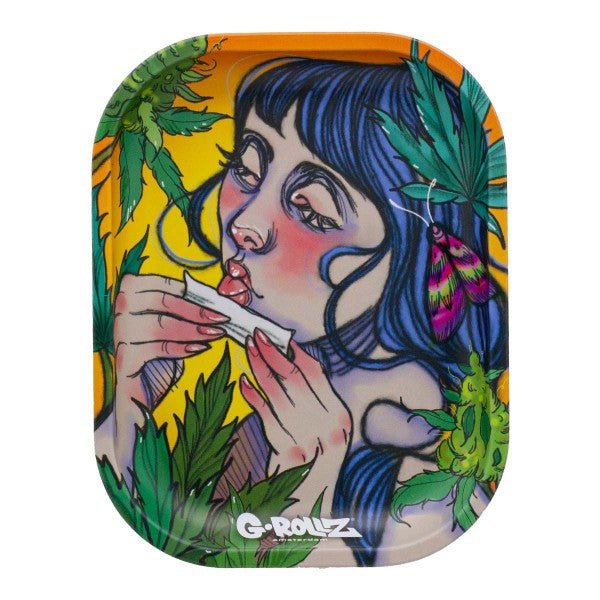 Colorful tray with a design of a woman smoking, surrounded by leaves, featuring the G-Rowlz brand.