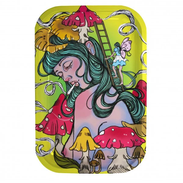 Colorful tray with a stylized illustration of a woman with green hair, mushrooms, and fairies on a yellow background.