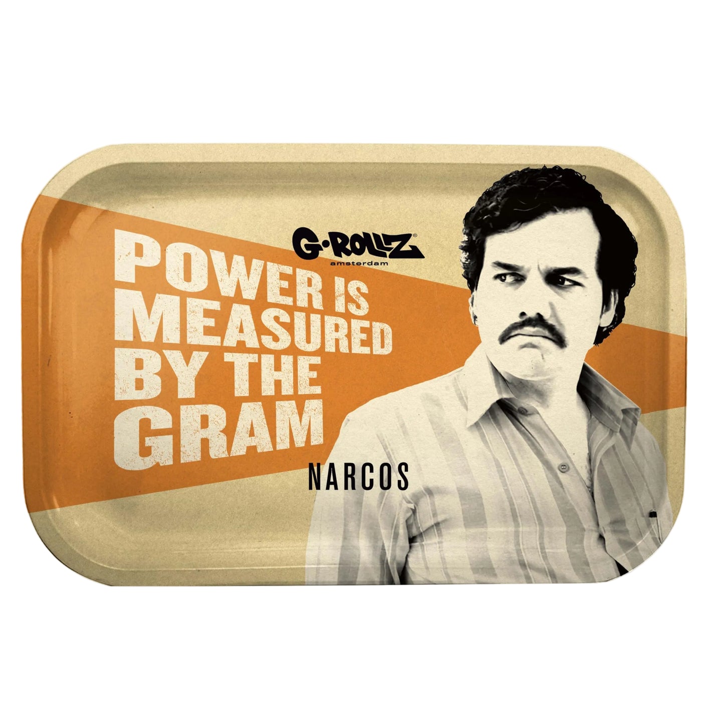 A rectangular metal rolling tray with rounded corners, featuring a graphic design with the text 'POWER IS MEASURED BY THE GRAM' and 'NARCOS' alongside a black-and-white portrait of Pablo Escobar. The G-Rouz brand logo is visible at the top.