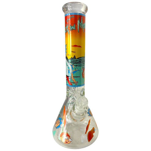 Clear Rick and Morty themed beaker bong with orange and blue artwork, glass bowl, and downstem. - The Wee Smoke Shop