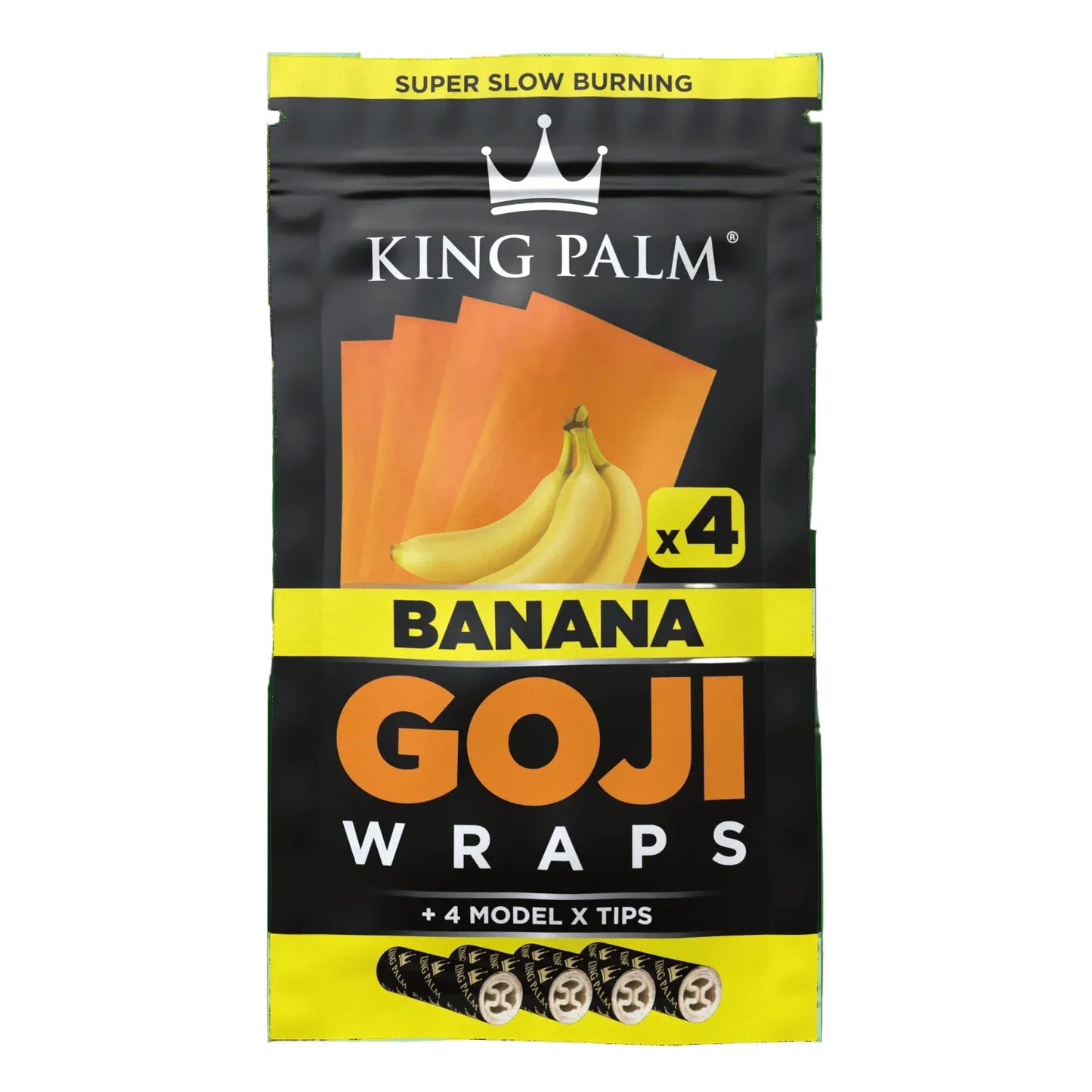 King Palm Banana Goji Wraps 4-pack, black and yellow pouch with banana graphic, includes 4 wraps and Model X tips, super slow burning natural goji berry wraps.