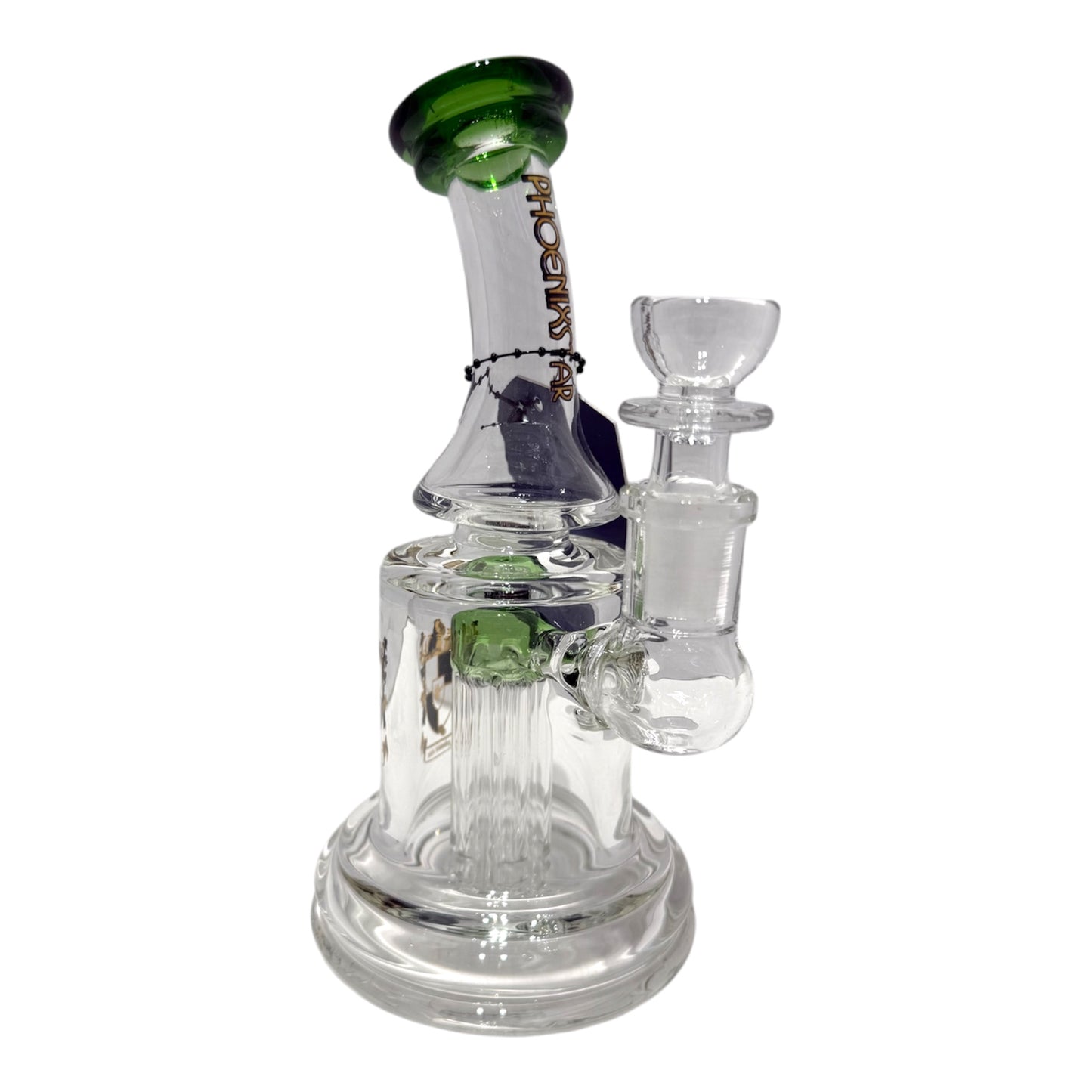 Clear glass smoking rig with green accents on a white background