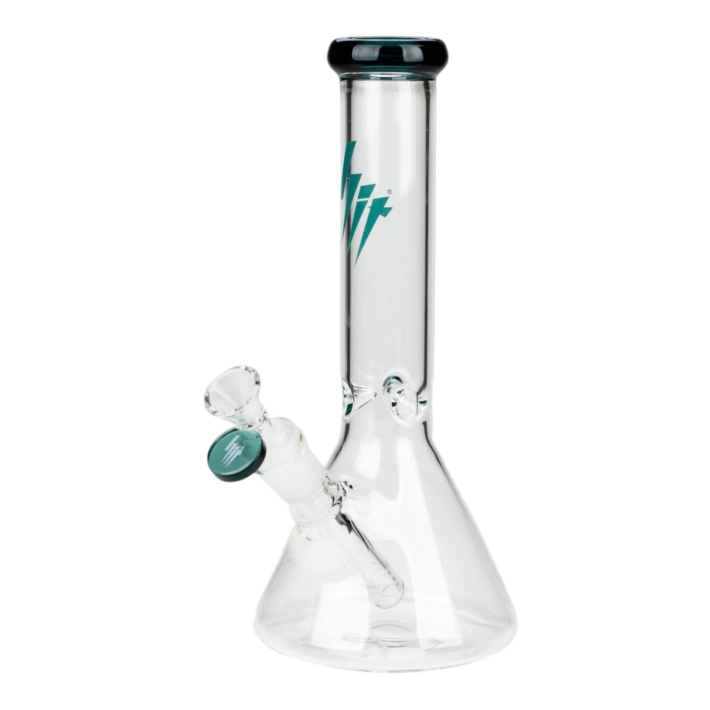 HIT 10 inch clear glass beaker water pipe with teal mouthpiece rim, teal bowl accent, teal logo on the neck, beaker base, and clear downstem on a white background. The Wee Smoke Shop