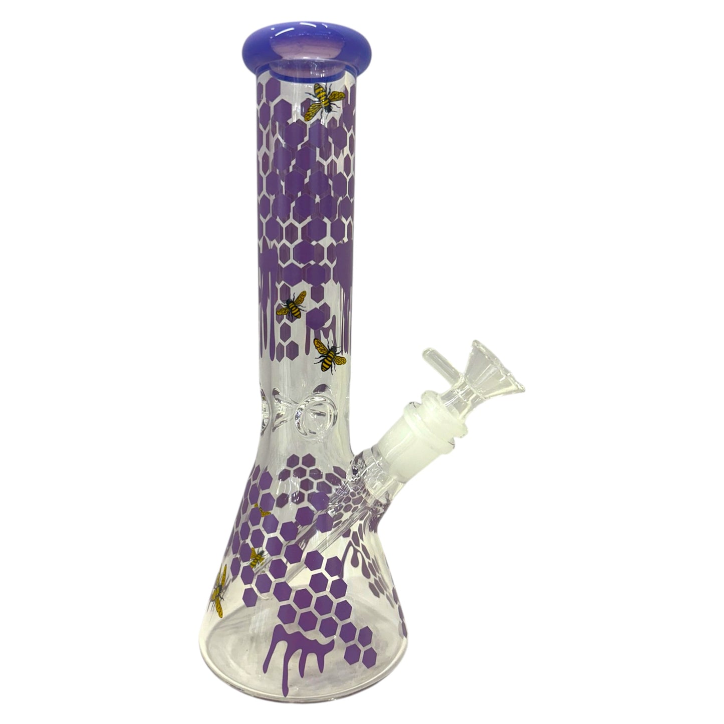 clear glass beaker bong purple honeycomb drip design with bee accents, water bong with angled downstem and bowl piece, smoking accessory - The Wee Smoke Shop