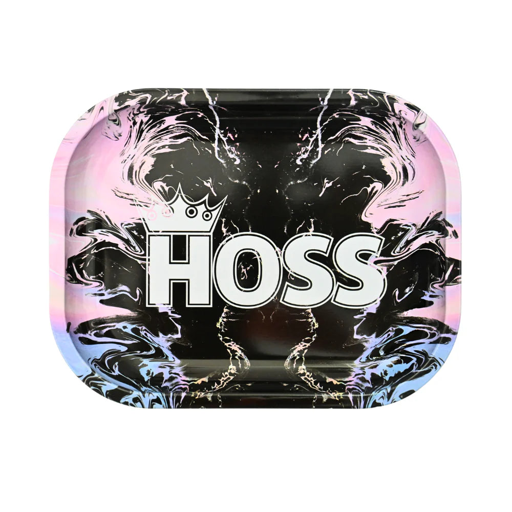 Metallic tray with 'HOSS' branding on a white background