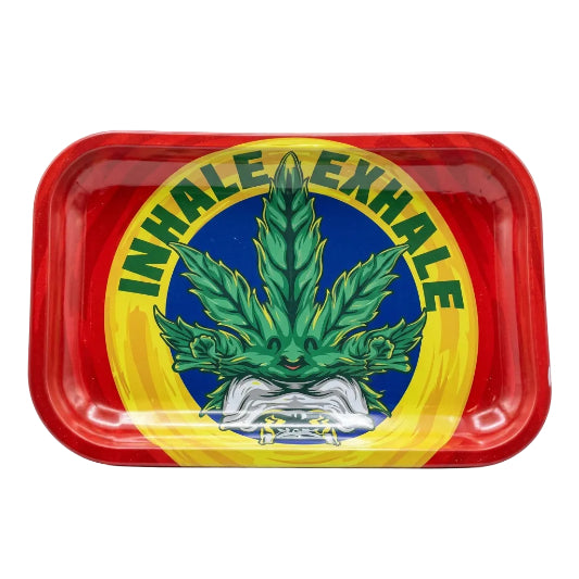 Featuring Inhale Exhale Medium Rolling Tray a red yellow and blue base colour tray with a happy hemp leaf on it displayed on white background