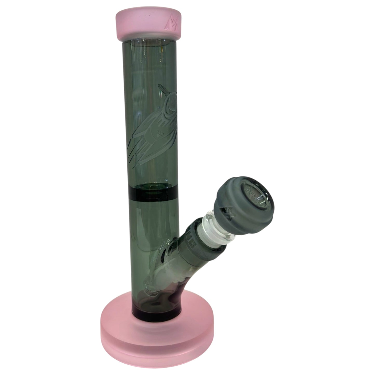 Angled view of black straight tube bong with pink accents, glass bowl, and round base. The Wee Smoke Shop