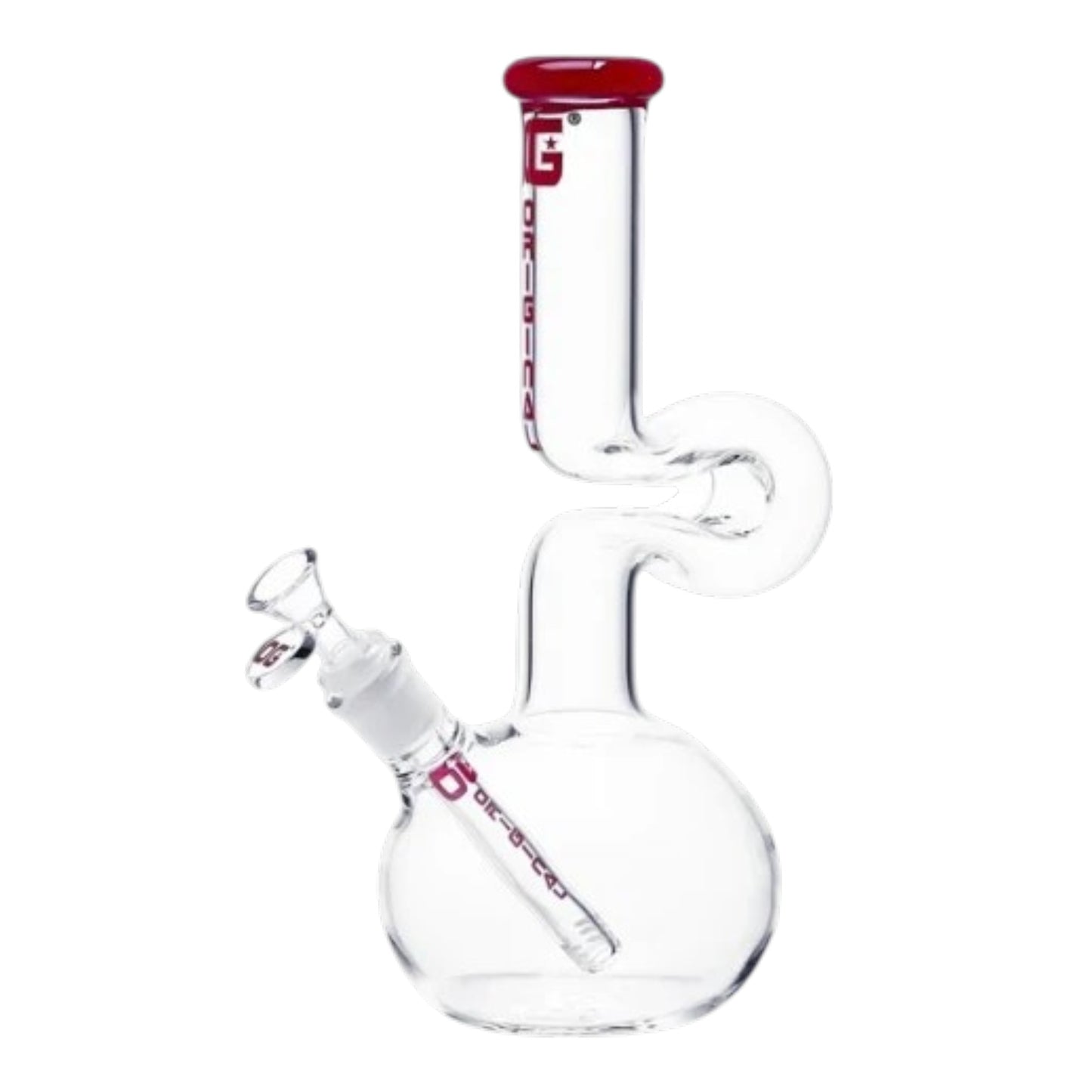 Clear glass water pipe with a red mouthpiece and red printed branding, shown on a plain white background. The Wee Smoke Shop