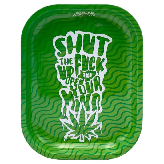 Green Smoke Arsenal mini rolling tray with rounded corners and raised edges, featuring a layered wavy green pattern, large white graffiti-style lettering reading "Shut the Fuck Up and Roll," a white cannabis leaf illustration at the bottom, and Smoke Arsenal branding at the top.