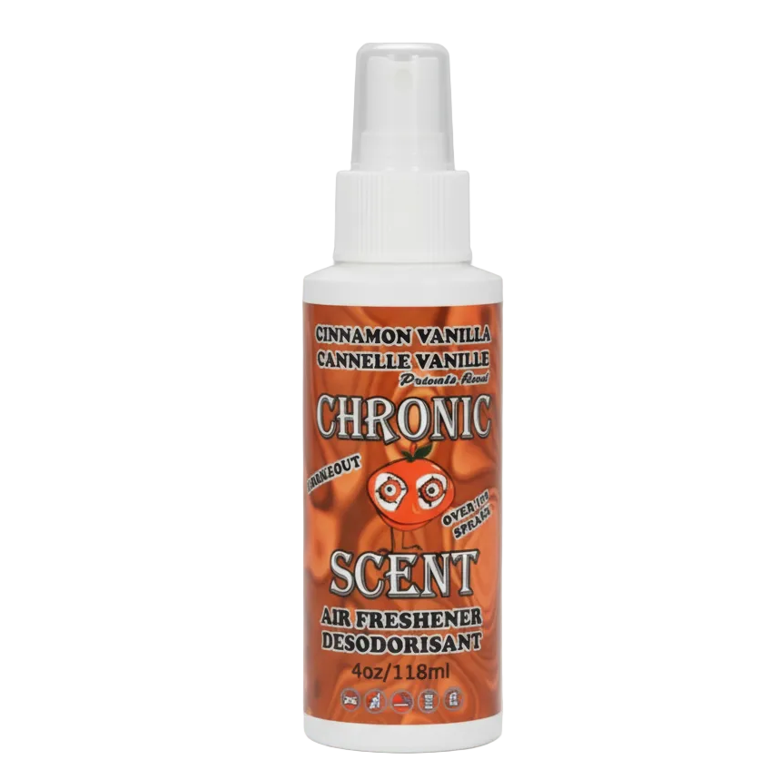 Air freshener spray with cinnamon vanilla scent on a white background