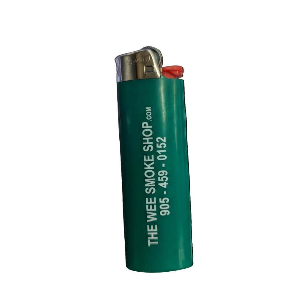 Green Bic Lighter with company name and number - Wee Smoke Shop