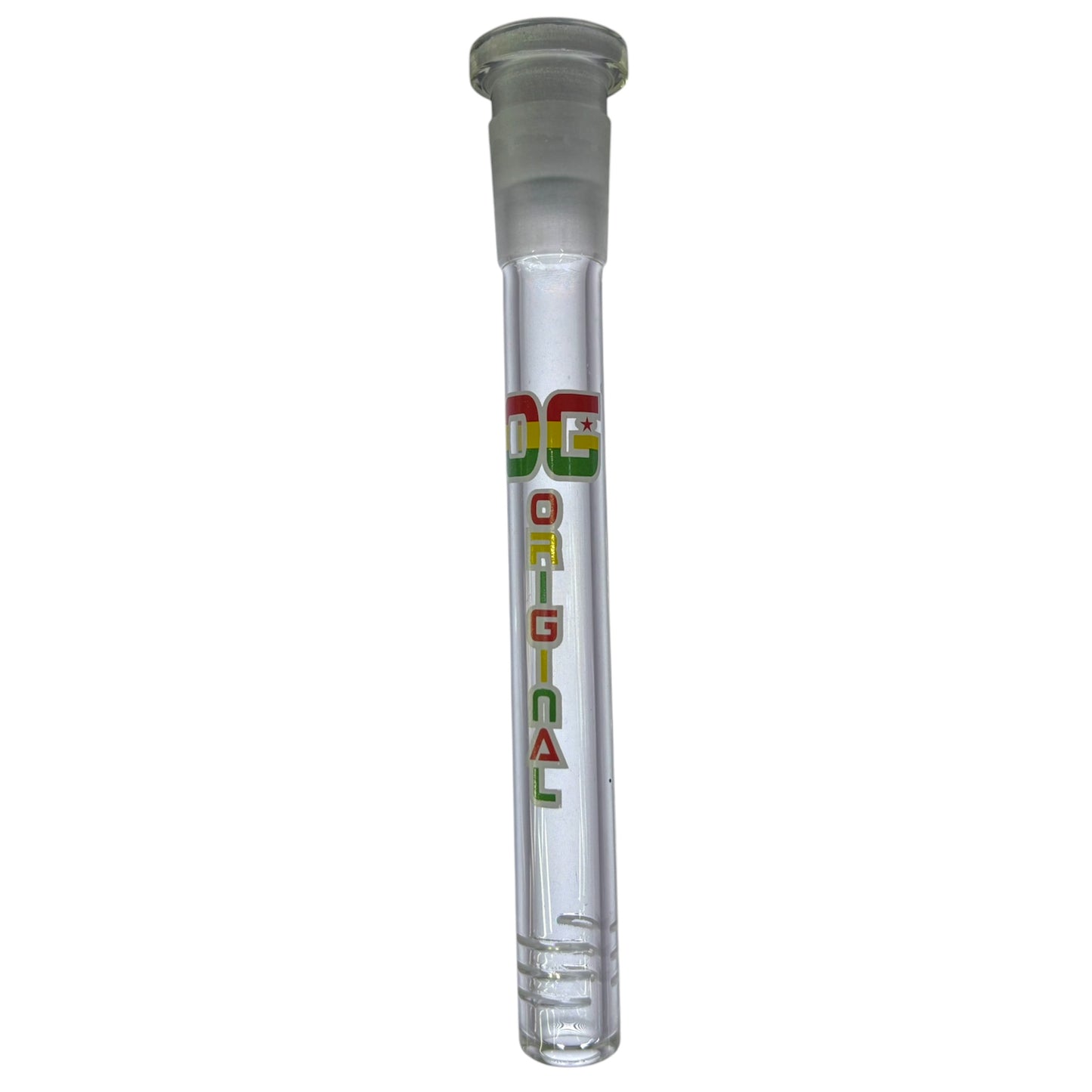 One OG Clear Downstem with a rasta label on a white background. - The Wee Smoke Shop