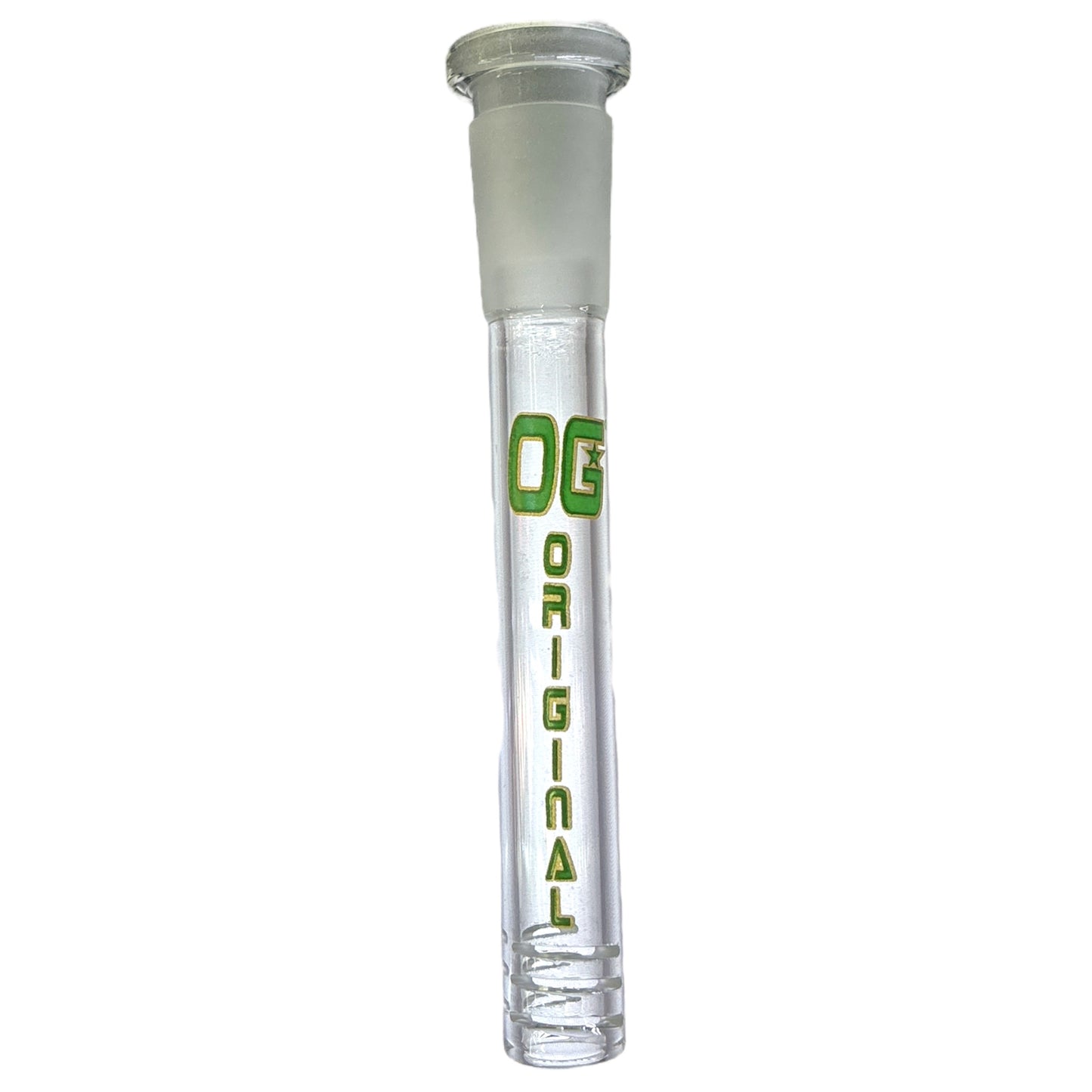 One OG Clear Downstem with green 'OG' logo, against a white background. - The Wee Smoke Shop