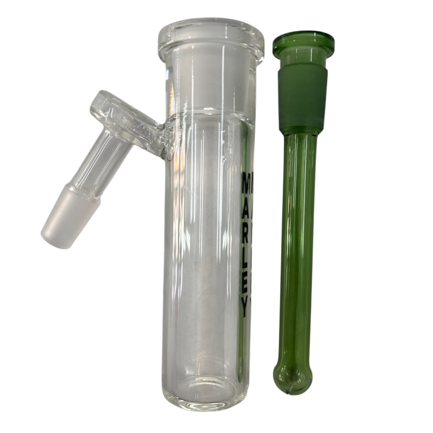Clear glass Marley ash catcher with green diffused downstem on a white background