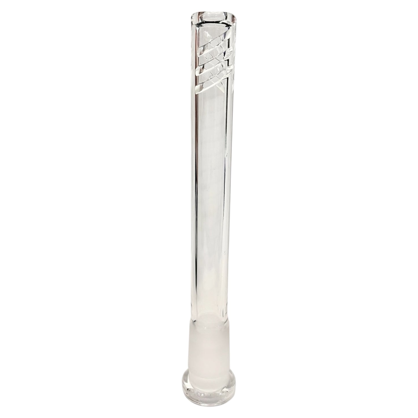 Clear 4–4.5 inch glass bong downstem with 14mm frosted joint and slotted tip for diffusion.