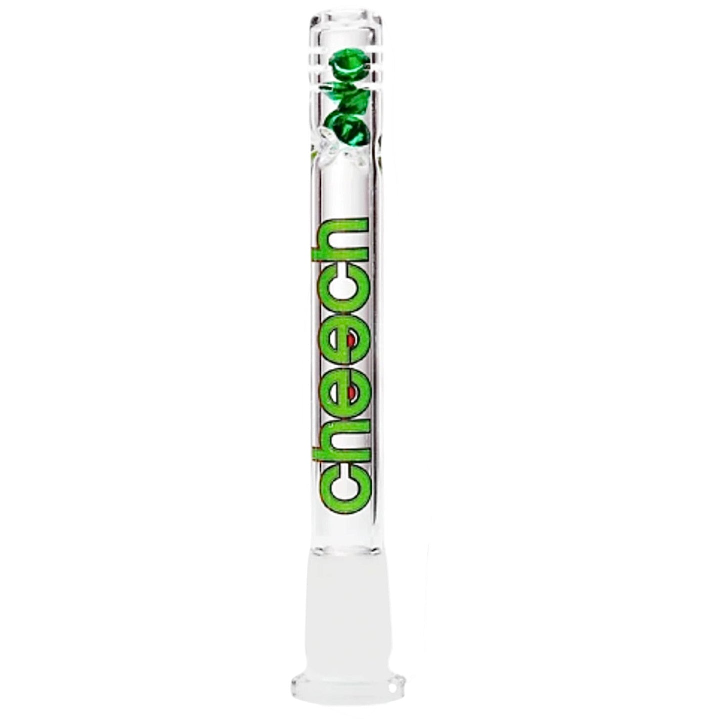 Cheech 14mm glass bong downstem with green diamond-shaped glass beads and clear glass body. - The Wee Smoke Shop