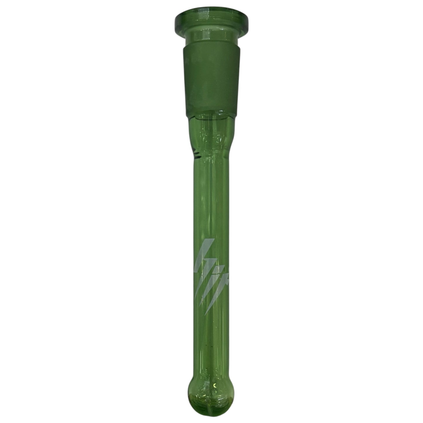 Translucent green glass 14mm downstem with a frosted joint, closed-end tip, and diffused slits at the bottom. Displays a white lightning-style logo on the stem. - The Wee Smoke Shop