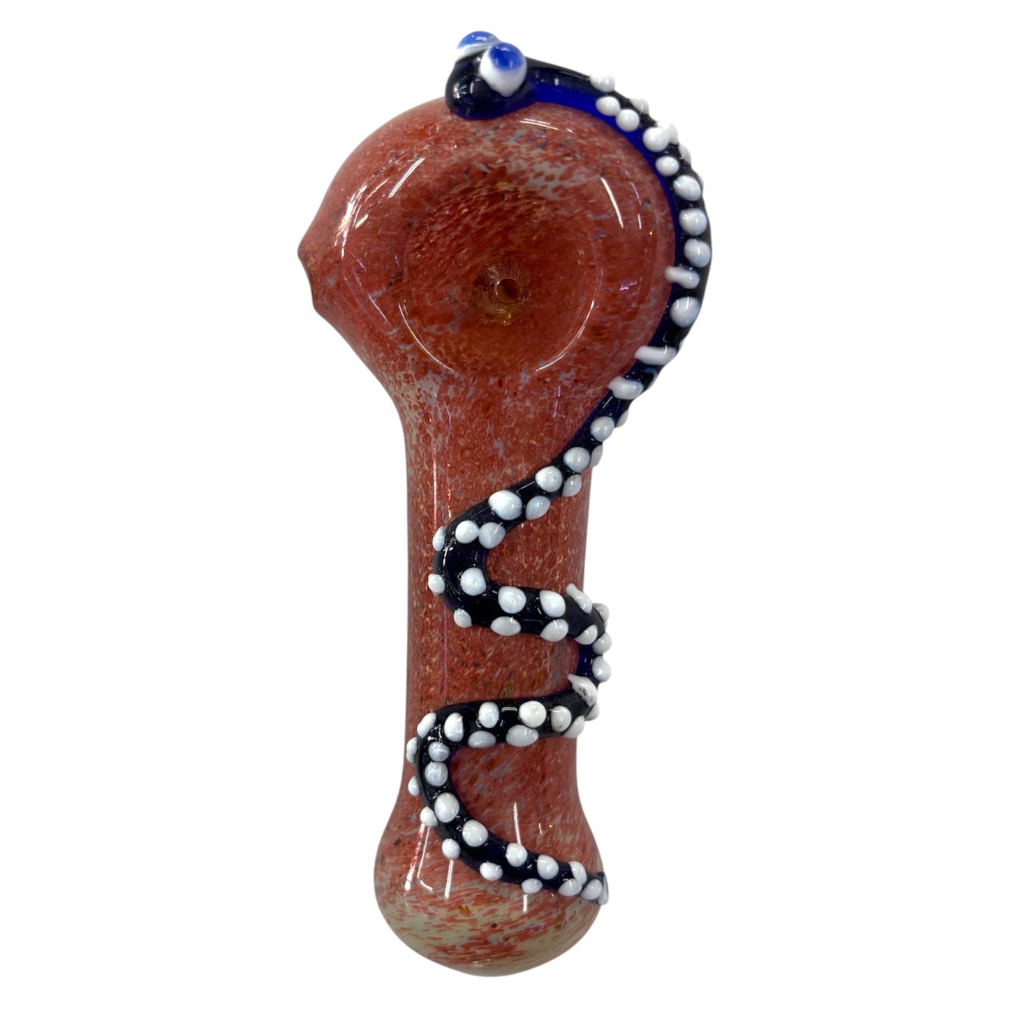 Red 4-inch glass hand pipe with black and white raised snake spiral wrap and bead detailing, side view showing bowl and mouthpiece. - The Wee Smoke Shop