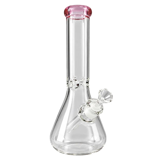 Clear glass water pipe with pink top on a white background