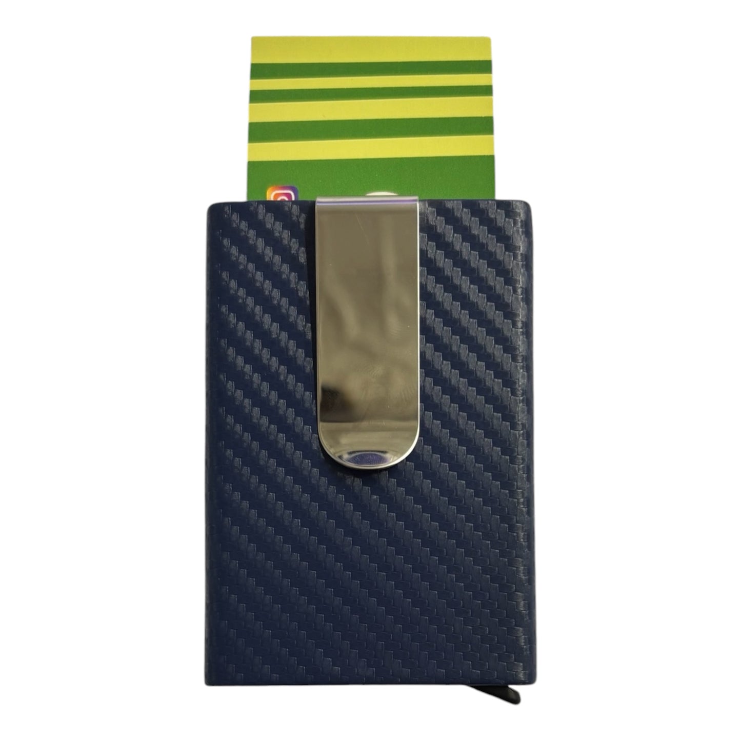 A slim vertical cardholder wallet with a navy blue carbon fiber pattern and a silver metal clip, shown with a green and yellow striped card partially inserted, on a white background. The Wee Smoke Shop
