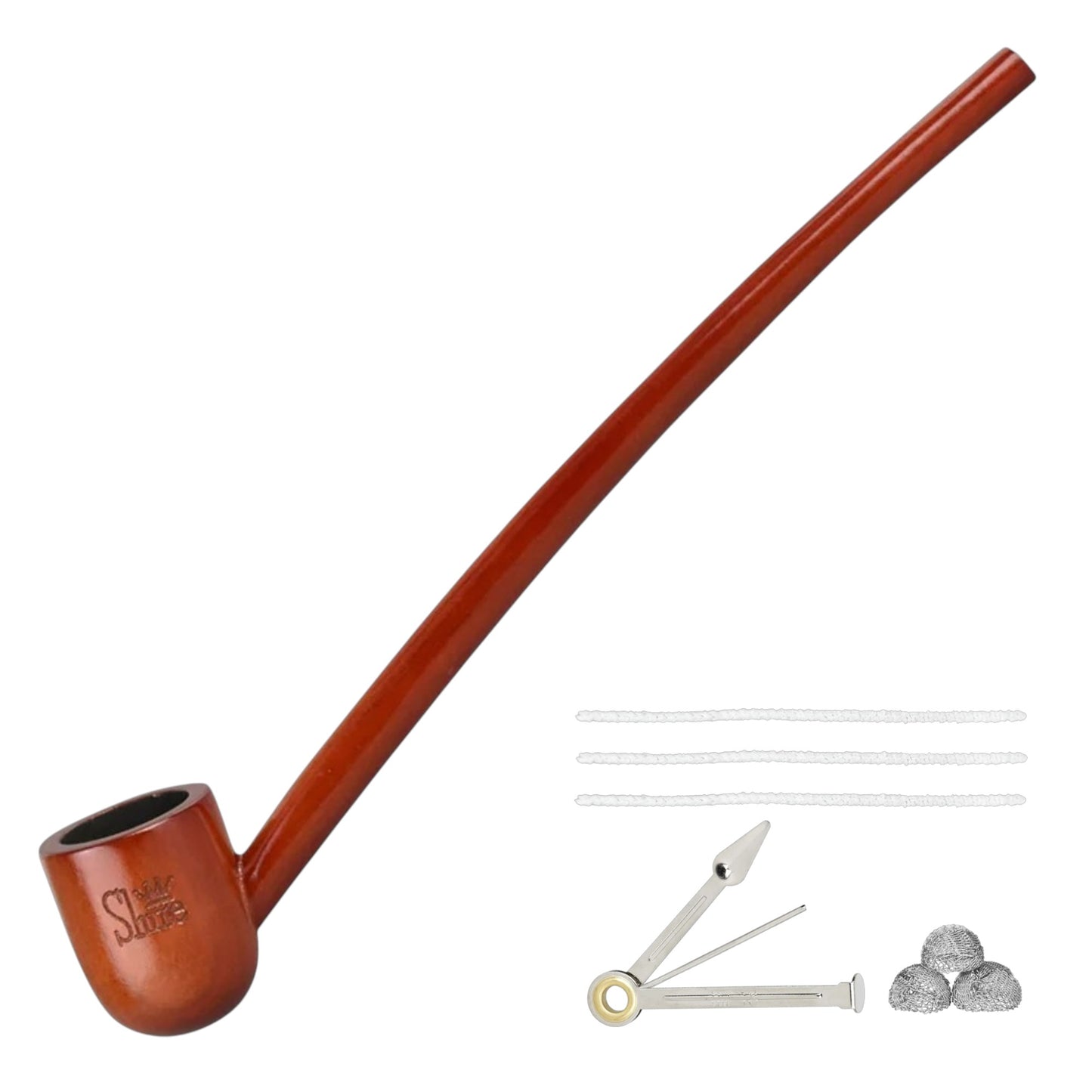 A long reddish-brown wooden smoking pipe with a curved stem and a rounded bowl, shown on a white background with three white bands, a metal cutter, and three silver tips. - The Wee Smoke Shop