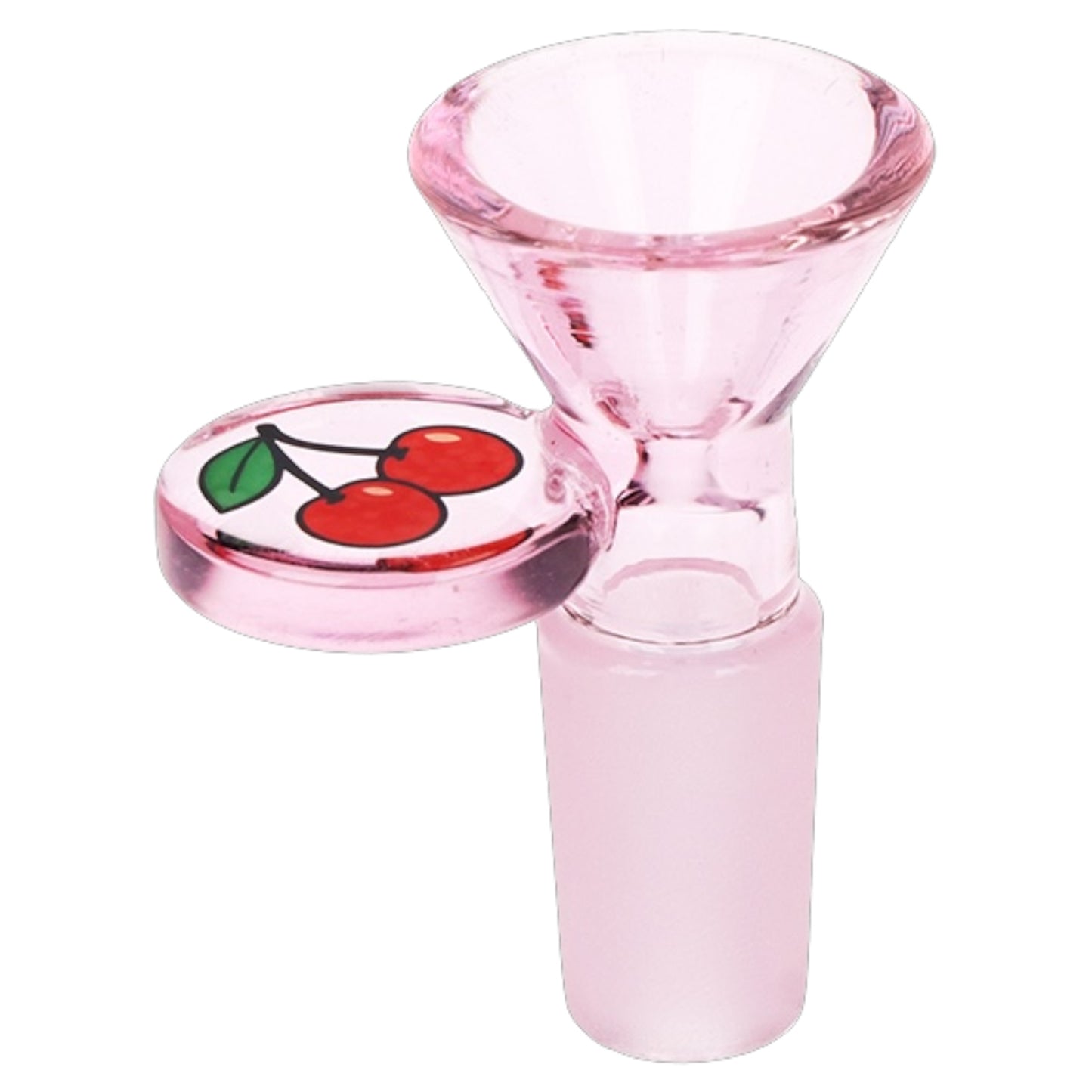 Pink glass bowl piece with cherry handle design. - The Wee Smoke Shop