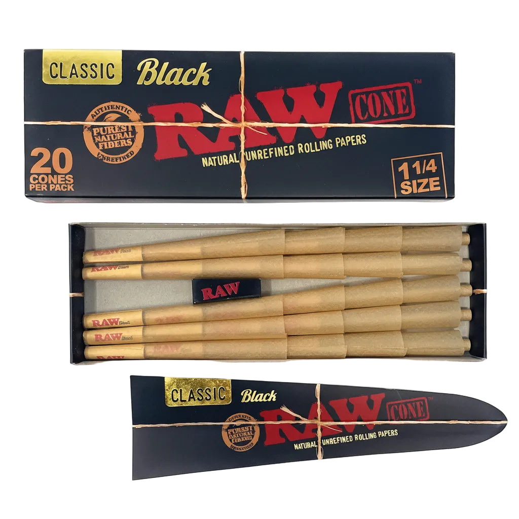 Box of Raw black rolling cones with cones inside on a white background