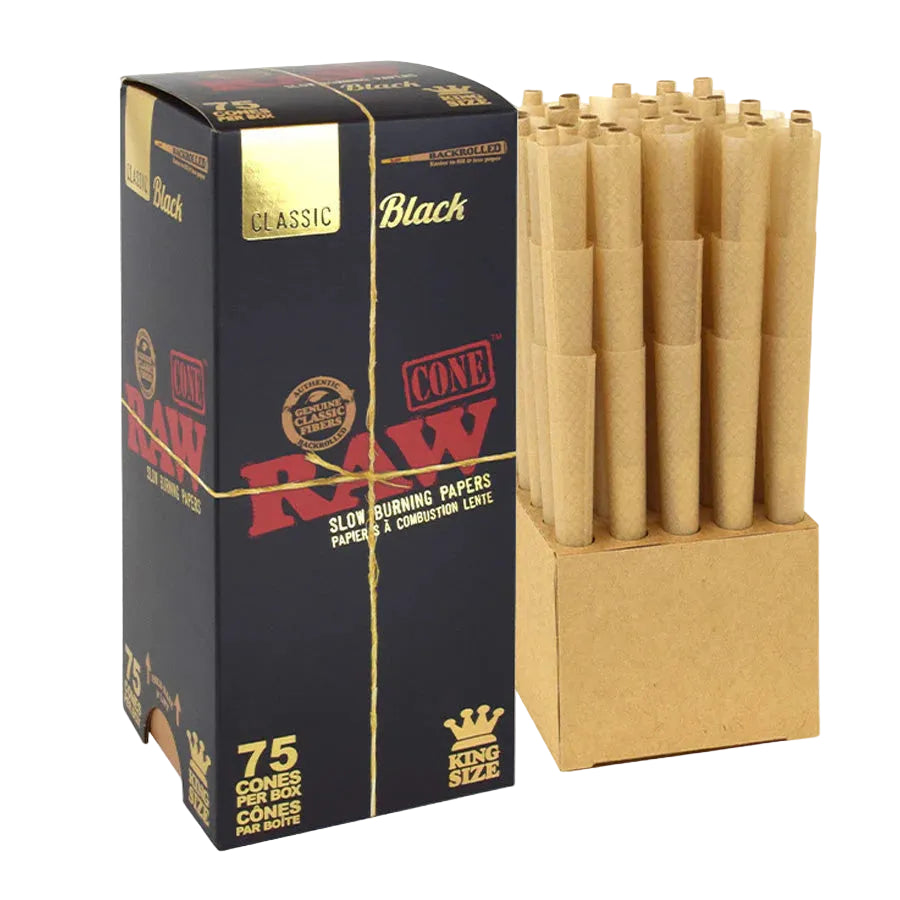 Box of Raw Black King Size cones with a stack of cones on a white background
