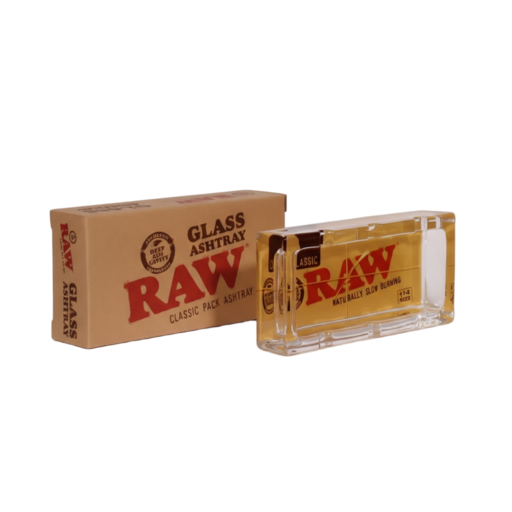 RAW glass ashtray with packaging on a white background - The Wee Smoke Shop