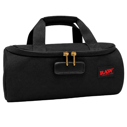 Black carrying case with gold clasps and a RAW logo on a white background