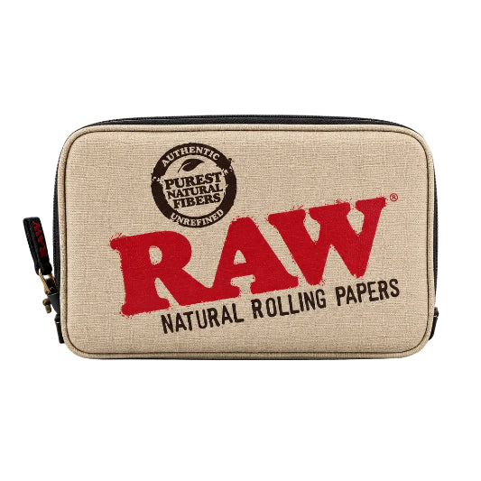 Raw Large Smell Proof Pouch with red text on a white background