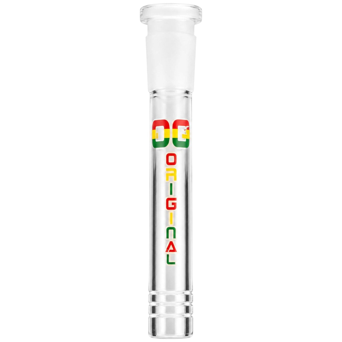 Clear glass downstem with red, yellow, and green “Original OG” branding and a frosted joint, shown upright on a white background. - The Wee Smoke Shop
